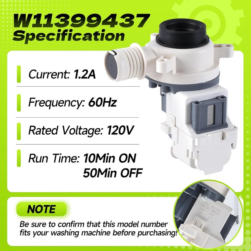 GREALTH W11399437 W11259498 Washer Drain Pump Assembly Compatible with Whirlpool Maytag Kenmore Crosley, B25-3A04 Washing Machine Drain Pump Replace W11259498 4961028 AP6974144 PS12731241 EAP12731241 - Image 3